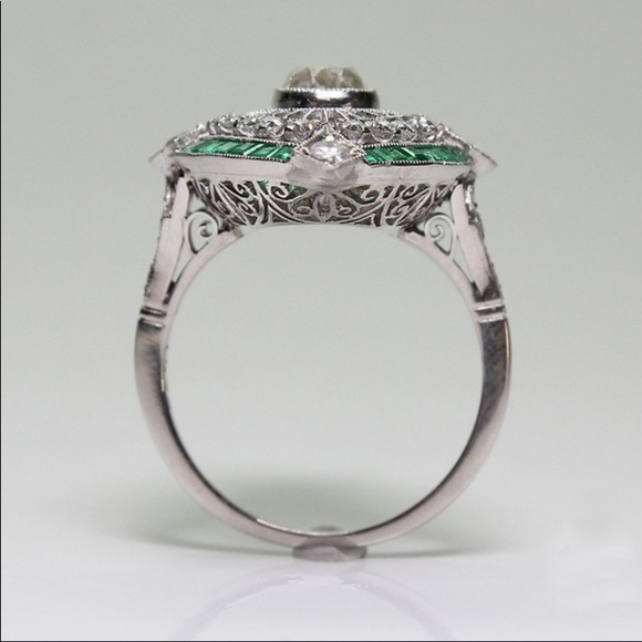 STERLING EMERALD DIAMOND RING - Picture 2 of 9